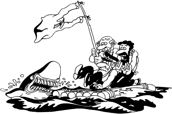 Men on wood raft with shark after them vinyl sticker. Customize on line.     Boats Shipping 013-0195  